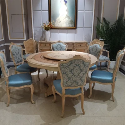 Set di tavolo da pranzo e sedie rotondi in legno di frassino rotondo per sala da pranzo in stile classico francese di lusso con mobili antichi