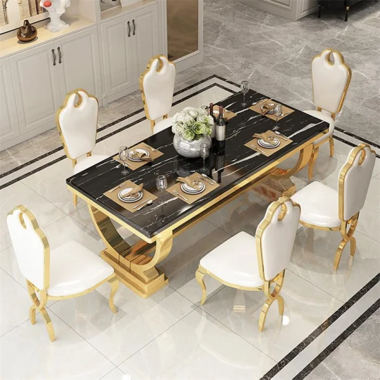 Set da pranzo moderno Mobili per la casa Tavolo da pranzo in acciaio inossidabile cromato argento con piano in marmo